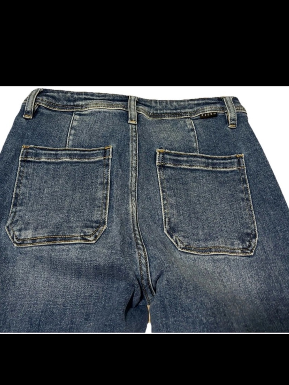 Risen Hi Rise Wide Leg Crop Stretch Jeans in Dark Denim Blue Wash Retro - Picture 4 of 9